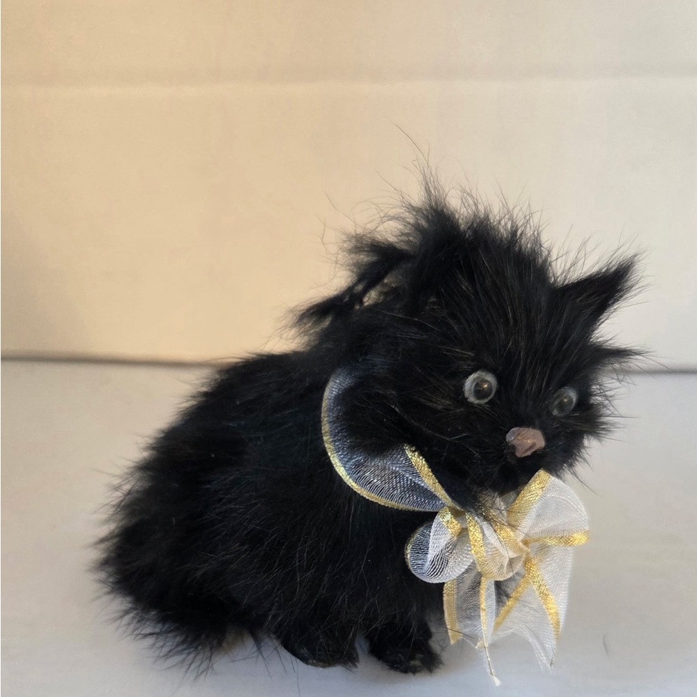 Lifelike Realistic Black Furry Cat Kitten Deco Rabbit Fur Figurine  Vintage